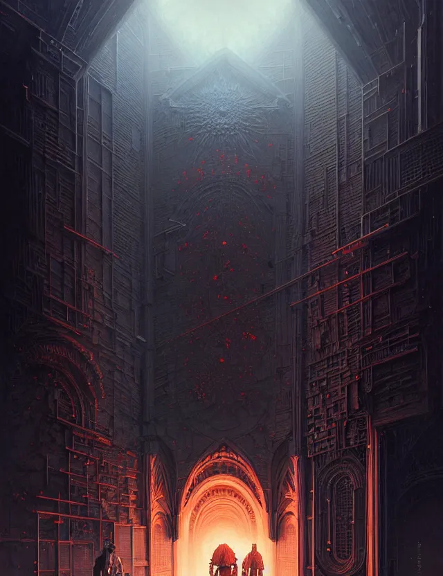 Image similar to detailed portrait, intricate complexity, by greg rutkowski, ross tran, conrad roset, takato yomamoto, ilya kuvshinov huge gothic crematorium on desert planet, elevator, side ramp entrance ambulance dead bodies, guards intricate, painting by lucian freud and mark brooks, bruce pennington, dark colors, neon, death, guards, nice style smoke