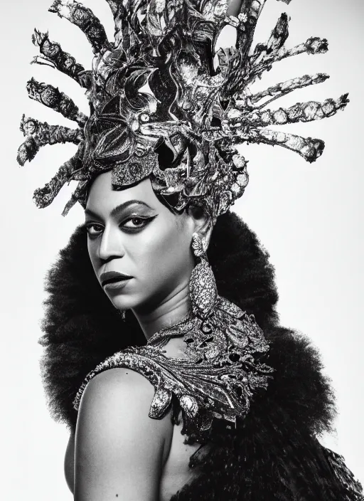 Image similar to photo of beyonce styled by nick knight posing, intricate headpiece, showstudio, face close up, vogue magazine, 2 0 2 0, canon, highly realistic. high resolution. highly detailed. dramatic. 8 k. 4 k. zeiss lens, canon eos, cinematic lighting, photography, film still