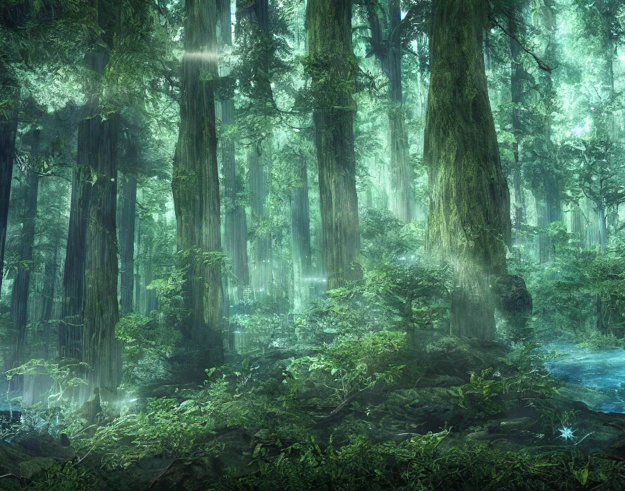 Image similar to enchanted magical illumined twisty swirly watery ( next level ) giant redwood forest. spells. runes. 8 k. uhd. octane render. highly elegant, detailed. harmonic composition. epic composition. hd.