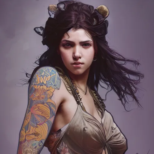 Image similar to highly detailed portrait of a punk young lady by by Artgerm,Greg Rutkowski,Alphonse Mucha, 4k resolution