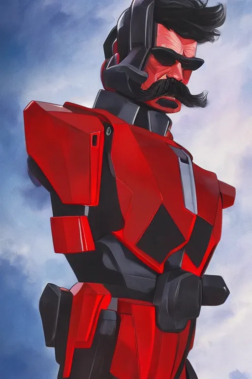 Image similar to drdisrespect as a gundam, huge mustache, 8 k, breathtaking, 2 0 2 2, 3 d cgi rtx hdr style chrome reflexion glow fanart, global illumination ray tracing hdr fanart arstation by ian pesty by jesper ejsing pixar and disney unreal zbrush central hardmesh