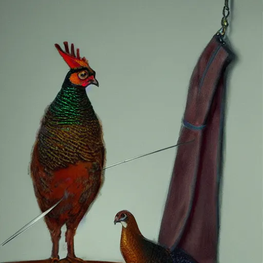 Prompt: a pheasant is girded with a belt, a sword hangs on the belt, by lily seika jones , rivuletpaper art, top cinematic lighting, cinematic mood, very detailed, shot in canon, by Viktor Vasnetsov, oil painting, harsh fairy tale, soft style, hyperrealism, beautiful, high resolution, trending on artstation, steps 50, beautiful sword
