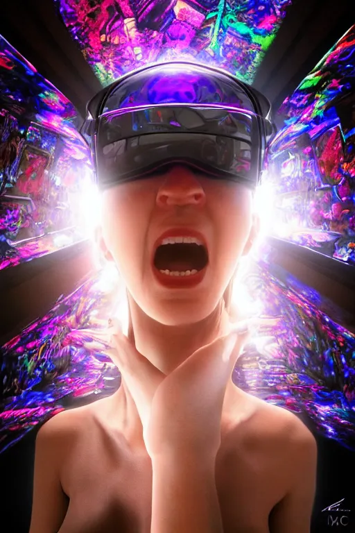 Image similar to cinematic shot epic fractal halls of creativity, walls of large moving images, hyper realistic, mood lighting, fantasy, detailed people creating beautiful diverse large holographic art, highly detailed, super realistic, point of view of visor wearer, air hands painting art in the air!, perfect lighting pixel sorting