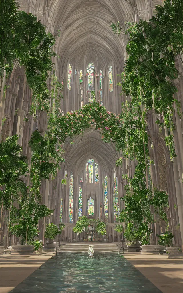 Image similar to beautiful grand cathedral interior with!! koi pond!! in the! middle! surrounded by palm trees, ivy,!! flowers!!, ( tropical plants ),!! roses!!, and with archways, rendered in octane render with photorealistic volumetric cinematic lighting, wide angle, horizontal symmetry, symmetrical! 8 k