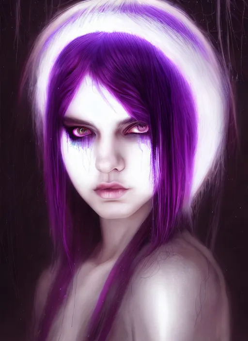 Image similar to hair whitebangs hair, black cyberlox, portrait of normal teenage girl with white bangs, messy bangs, cyberlox, whitebangs, red irises, purple clothes, intricate, elegant, glowing lights, highly detailed, digital painting, artstation, concept art, sharp focus, smooth, illustration, art by wlop, mars ravelo and greg rutkowski