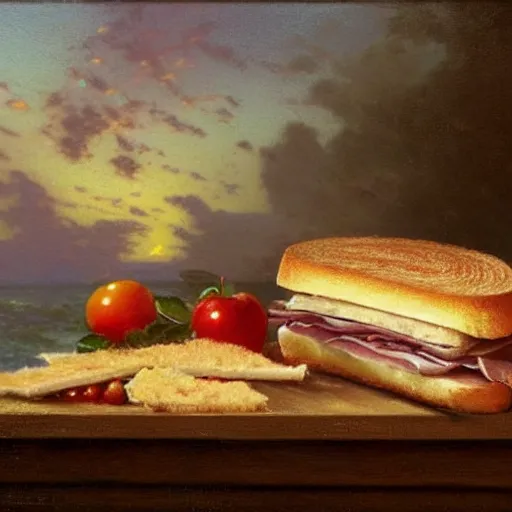 Prompt: a ham sandwich still life by thomas kinkade