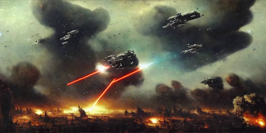 Prompt: cnn breaking news china vs usa space war battle in outer space small tie fighters shoot small thin green laser bolts at a massive rebel capital ship, which explodes. painted by jan matejko, greg rutkowski and gustave courbet. oil on canvas, sharp focus, cinematic atmosphere, huge explosions, detailed and intricate environment