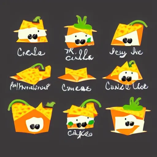 Image similar to cute nachos with cheese and jalapeno illustrations, white background, drawing, cartoon,