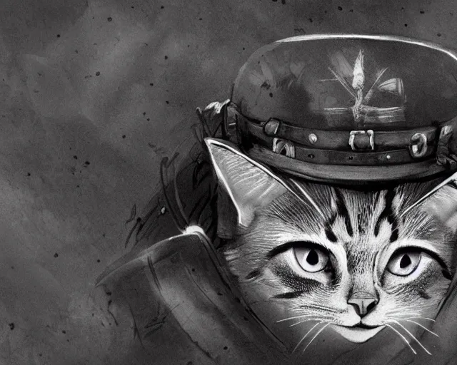 Image similar to A cat wearing soldier uniform in a world war 1 trench, close-up, black and white, amazing digital art, hyper detailed, artstation, in the style of Tony Sart