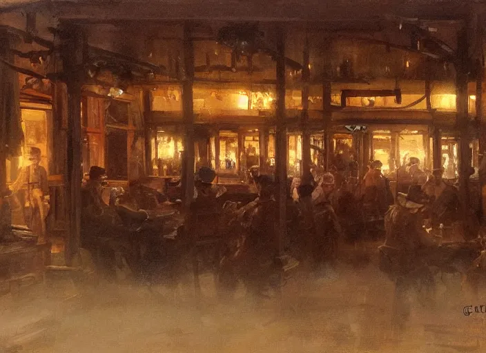 Image similar to oil painting of closeup western saloon bar, wild west, dimly light, dusty and dirty, art by anders zorn, wonderful masterpiece by greg rutkowski, beautiful cinematic light, american romanticism by greg manchess, creation by tyler edlin