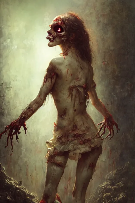 Image similar to a full body portrait of zombie girl wearing zombie clothes, high detail, cleary see face, by gaston bussiere, bayard wu, greg rutkowski, odd nerdrum, maxim verehin, dan dos santos, masterpiece, sharp focus, cinematic lightning