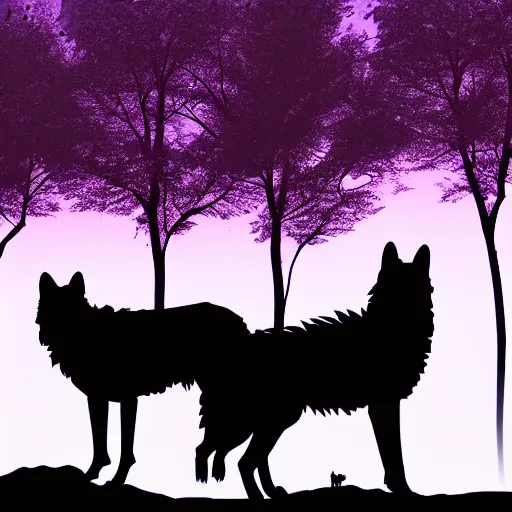 Image similar to silhouette art of a forest with wolves, stunning, sunset, intricate, 4 k wallpaper, trending on artstation gradient black to purple