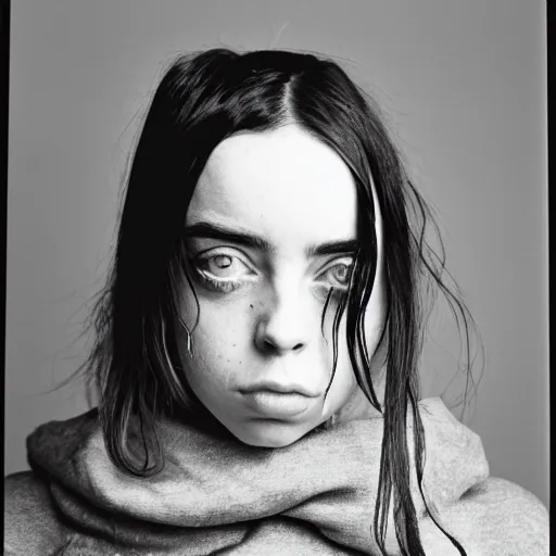 Prompt: photo of Billie Eilish by Diane Arbus, black and white, high contrast, Rolleiflex, 55mm f/4 lens