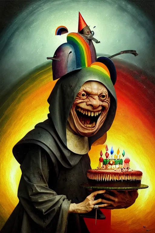 Image similar to hieronymus bosch, greg rutkowski, anna podedworna, painting of a happy rainbow jester with a birthday cake, smiling, uplifting