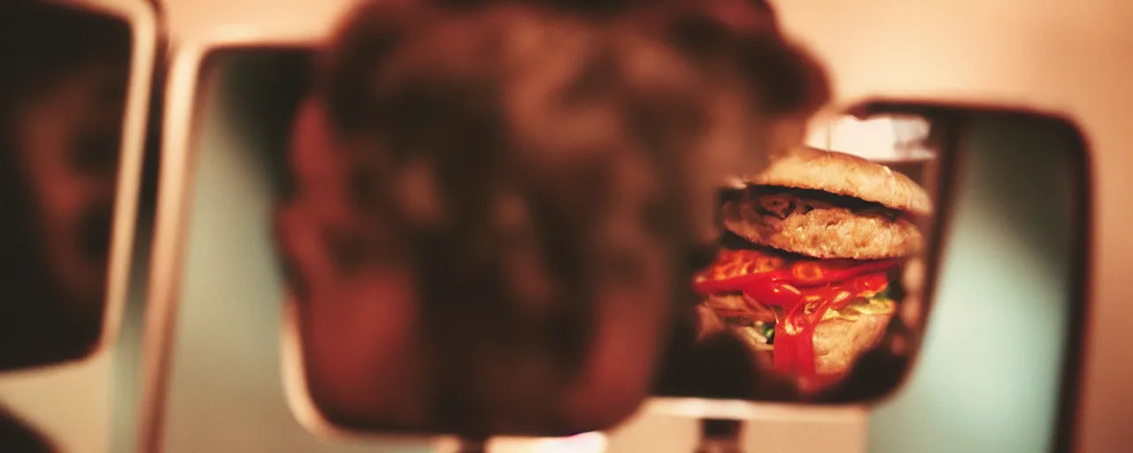 Image similar to a sentient hamburger staring at himself in the mirror canon 5 0 mm, cinematic lighting, photography, retro, film, kodachrome, closeup