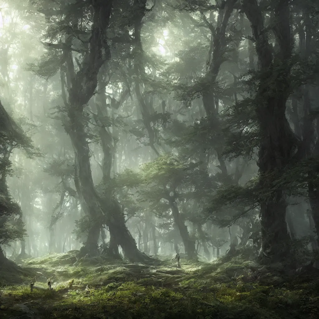 Image similar to A beuatiful forest by Greg Rutkowski, Sung Choi, Mitchell Mohrhauser, Maciej Kuciara, Johnson Ting, Maxim Verehin, Peter Konig, final fantasy , 8k photorealistic, cinematic lighting, HD, high details, atmospheric,