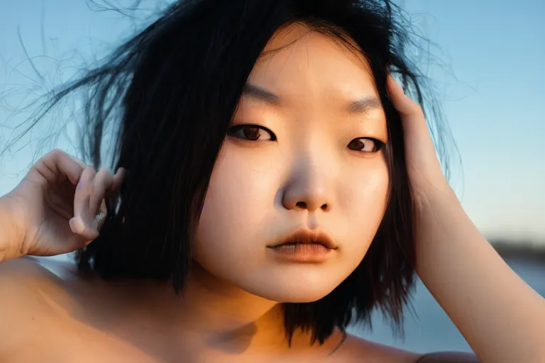 Image similar to beautiful gorgeous curvy Japanese edgy model girl with short hair, she's sad, sunset, 80mm lens, 1.2 aperture, grainy image, close up