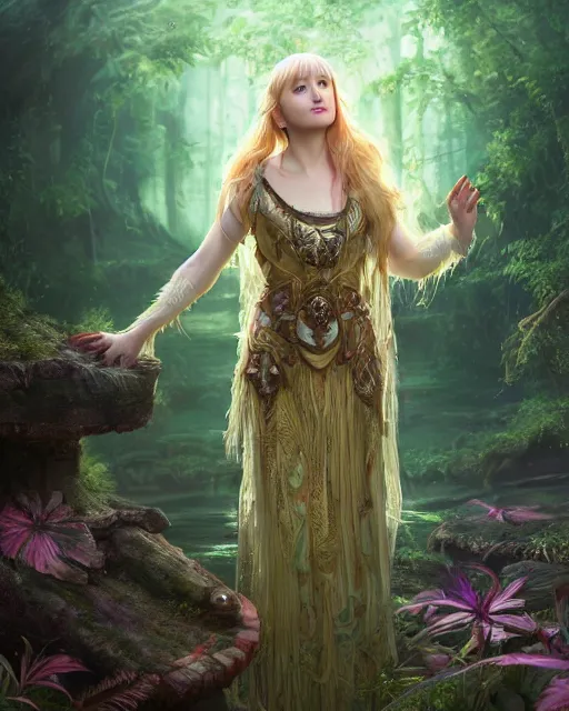 Image similar to Beautiful art portrait of Melissa Rauch as a fantasy priestess in a bright temple surrounded by lush forest, atmospheric lighting, intricate detail, cgsociety, hyperrealistic, octane render, RPG portrait, ambient light, dynamic lighting