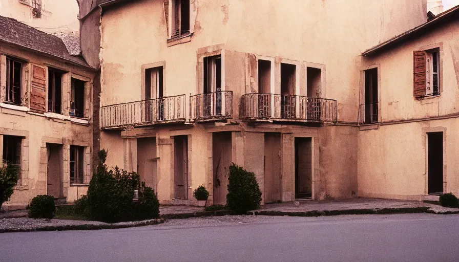 Prompt: 1 9 6 0 s movie still of a burning french style townhouse in a small french village, cinestill 8 0 0 t 3 5 mm technicolor, high quality, heavy grain, high detail, dramatic light, ultra wide lens, panoramic, anamorphic, flares