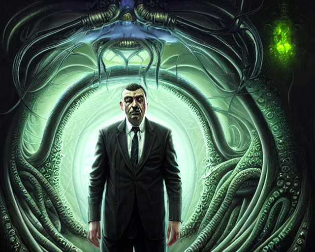 Image similar to lovecraft biopunk portrait of rowan sebastian atkinson, fractal background, cthulhu behind him, by tomasz alen kopera and peter mohrbacher