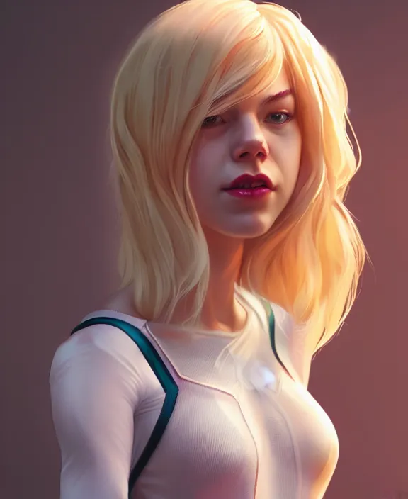 Image similar to gwen stacy female spiderman, pure white, au naturel, hyper detailed, digital art, radiant highlight, trending in artstation, cinematic lighting, studio quality, smooth render, unreal engine 5 rendered, octane rendered, art style by klimt and nixeu and ian sprigger and wlop and krenz cushart.