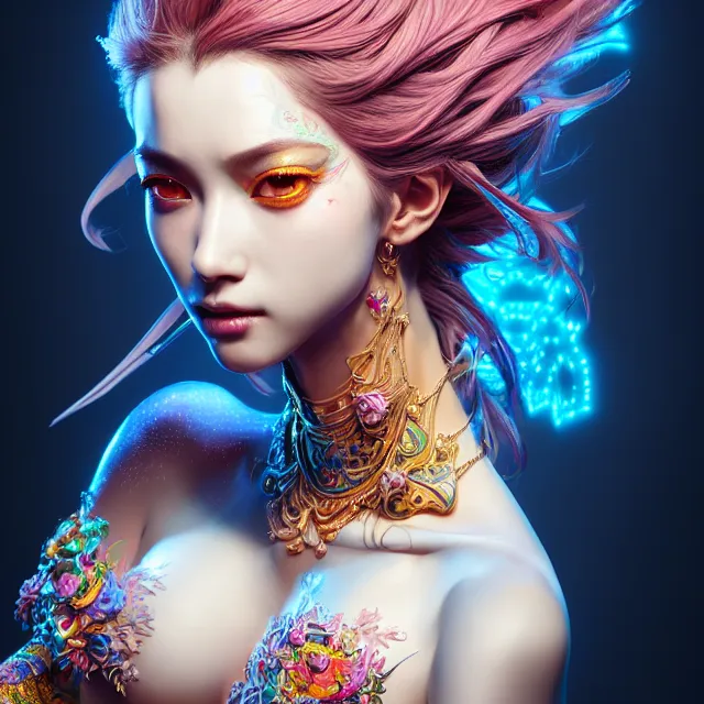 Image similar to studio portrait of colorful female divine mech dancer as absurdly beautiful, elegant, young sensual gravure idol, ultrafine hyperrealistic detailed face illustration by kim jung gi, irakli nadar, intricate linework, sharp focus, bright colors, matte, octopath traveler, final fantasy, unreal engine highly rendered, global illumination, radiant light, intricate environment