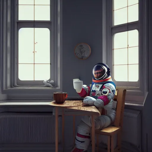 Prompt: a single cosmonaut in a spacesuit drinks a steaming cup of tea at an old wooden desk in a richly decorated victorian house. the autumn light comes in through a window and dimly illuminates the room, diffuse light, octane render