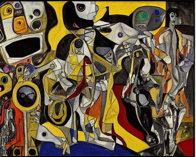 Prompt: a painting of guernica with aliens and robots by graham sutherland, egon schiele, gustav klimt, expressionism