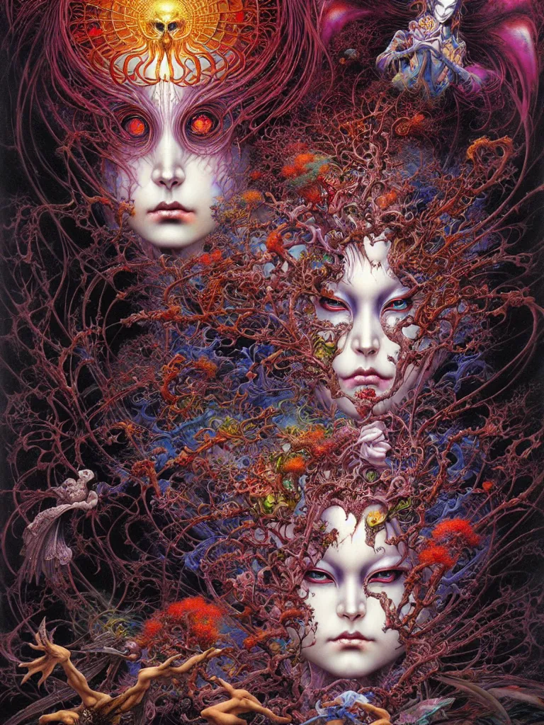 Prompt: realistic detailed image of False God by Lisa Frank, Ayami Kojima, Amano, Karol Bak, Greg Hildebrandt, and Mark Brooks, Neo-Gothic, gothic, rich deep colors. Beksinski painting, part by Adrian Ghenie and Gerhard Richter. art by Takato Yamamoto. masterpiece