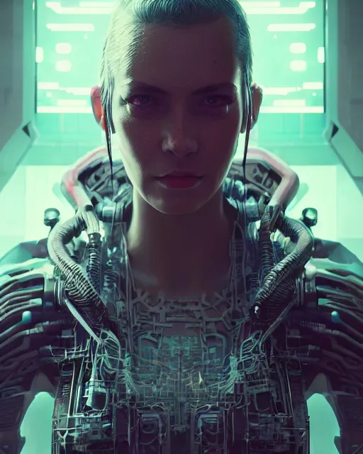 Image similar to portrait of a cyberpunk cyborg. sci - fi, intricate abstract upper body intricate, wlop, concept art, octane render, deviantart, greg rutkowski, cinematic, key art, hyperrealism,