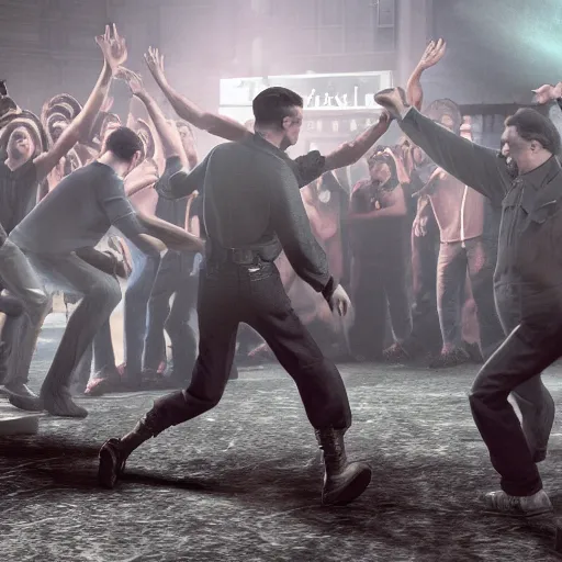 Image similar to adolf hitler and joseph stalin in a mosh pit at a metal concert, volumetric cinematic perfect light, detailed, sony a 7 r, photorealistic, octane render, unreal engine 5, 8 k