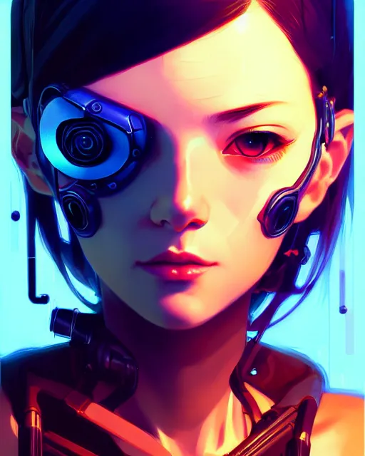 Image similar to a comic potrait of a cyberpunk cyborg girl with big and cute eyes, fine - face, realistic shaded perfect face, fine details. night setting. very anime style. realistic shaded lighting poster by ilya kuvshinov katsuhiro, artgerm, jeremy lipkin and michael garmash, unreal engine, radiant light, detailed and intricate environment