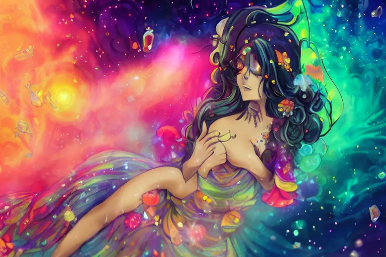 Prompt: psychedelic, full body, whimsical, anime, 4k, beautiful lusty woman blowing smoke, with professional makeup, long trippy hair, a crystal and flower dress, sitting in a reflective pool, surrounded by gems, underneath the stars, rainbow fireflies, trending on patreon, deviantart, twitter, artstation, volumetric lighting, heavy contrast, art style of Ross Tran and Viktoria Gavrilenko and Ilya Kuvshinov