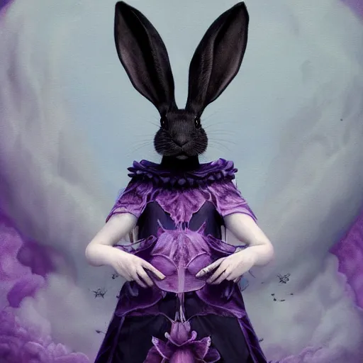 Prompt: tom bagshaw, soft painting fractal curiosities carnival, very beautiful female rabbit in full ornated nightshade gothic dress, partial symmetry accurate features, focus, very intricate ultrafine details, black white purple volumetric clouds, award winning masterpiece, octane render 8 k hd