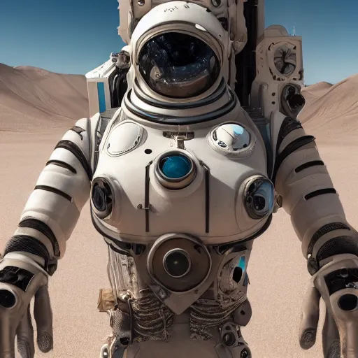 Image similar to portrait photography of a white steampunk space engineer suit, in an desert alien planet, ultra detail, beautiful light, high detail, 8 k, f / 2. 8, octane render