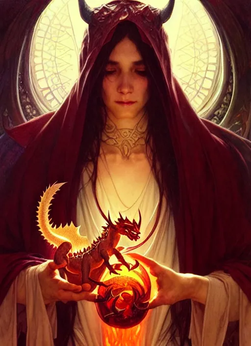 Prompt: a beautiful satanic sorcerer holding a small dragon, intricate, sharp focus, illustration, highly detailed, digital painting, concept art, matte, art by wlop and artgerm and greg rutkowski and alphonse mucha, masterpiece