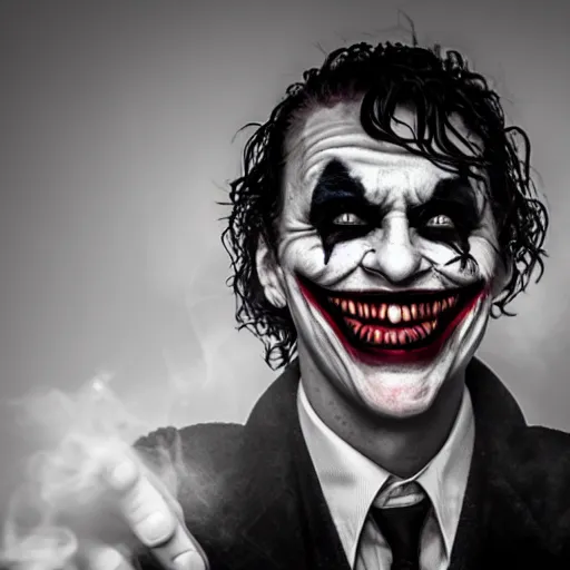 Image similar to joker, smiling, unnatural grin, horror, creepy, smoke, black, dark, glow