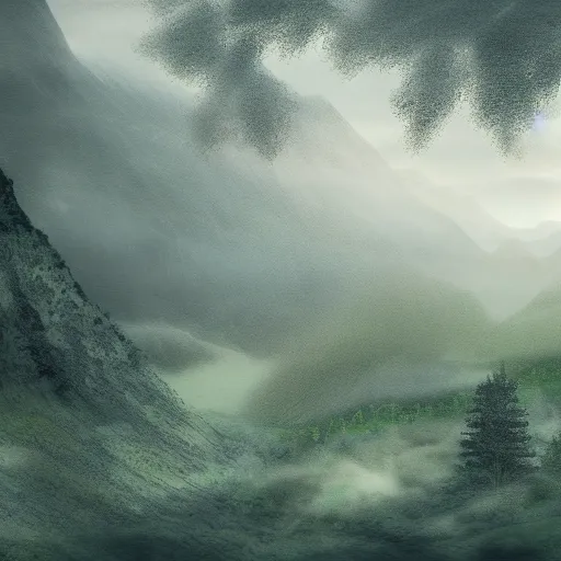 Prompt: ethereal god in a misty mountain valley, digital art