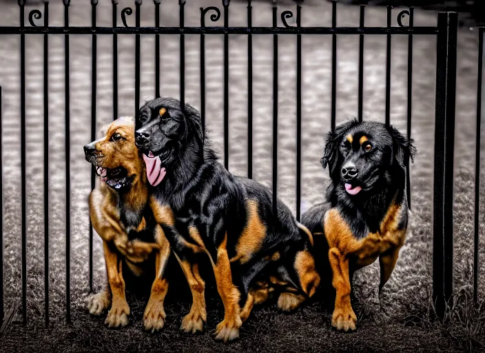 Prompt: photo of a real life photorealistic three - headed cerberus dog guarding the gates to the underworld. fantasy horror style. highly detailed 8 k. intricate. lifelike. soft light. nikon d 8 5 0 5 5 mm. dof. cinematic post - processing.