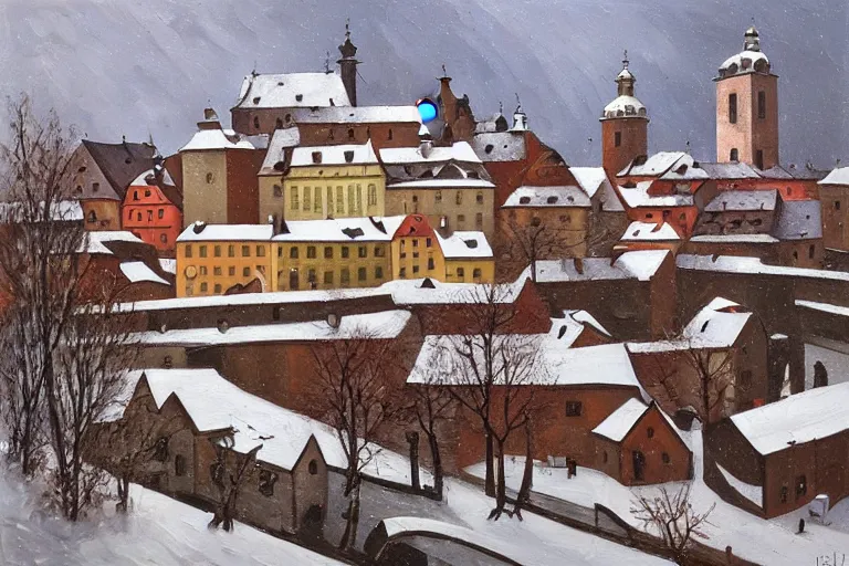 Prompt: cesky krumlov in winter by jeffrey smith, cubism, 3 d depth, oil on canvas, trending art station, masterpiece