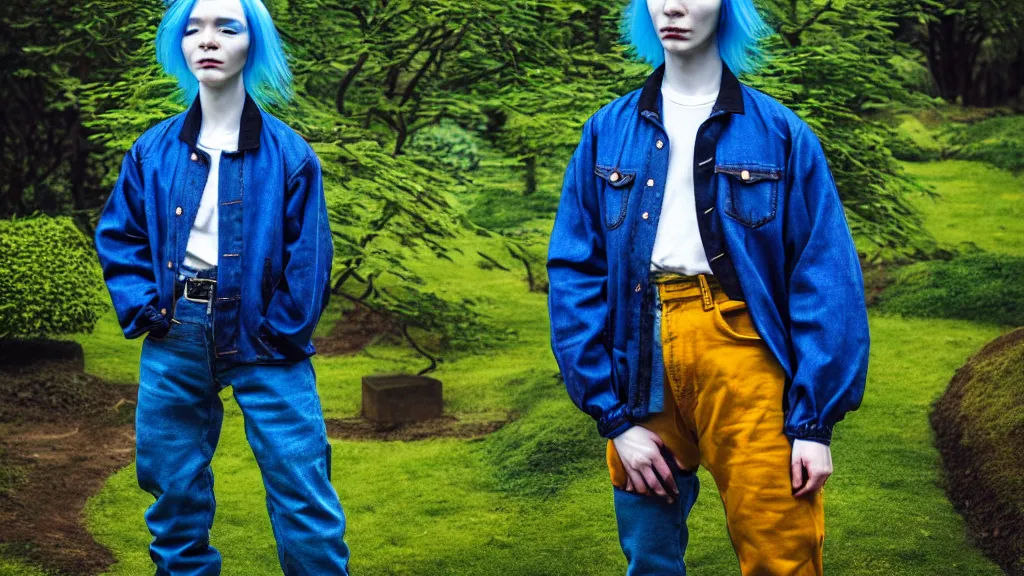 Image similar to portrait of a androgynous woman with blue hair, wearing a jeans jackets, a high collar t - shirt and baggy jeans, in the style of rogier van der weyden and jacopo da pontormo, standing in a botanical garden, bjork aesthetic, masterpiece, cyberpunk, asian art