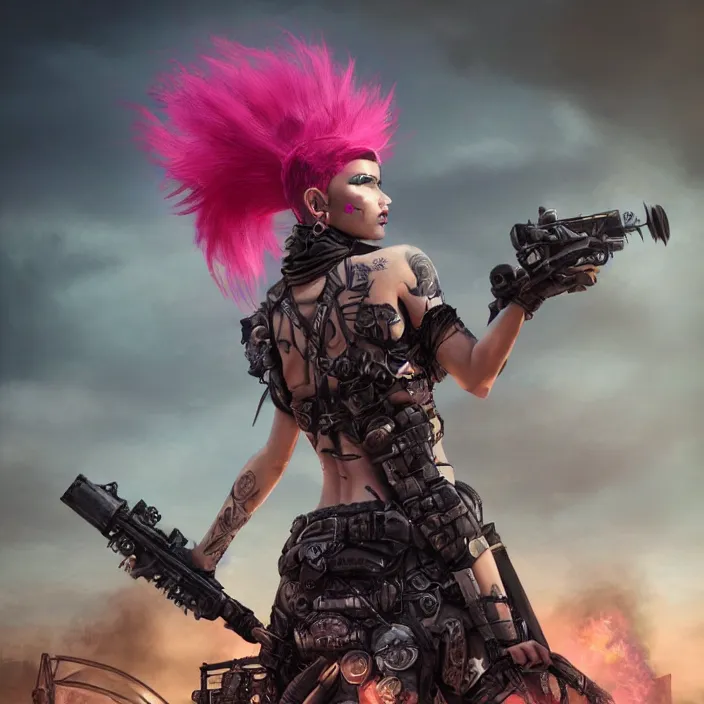 Prompt: beautiful apocalyptic woman with pink Mohawk, standing on mad max panzer tank, 4k ultra hd, fantasy dark art, tank girl, artgerm, artstation, octane render, elegant, detailed digital painting