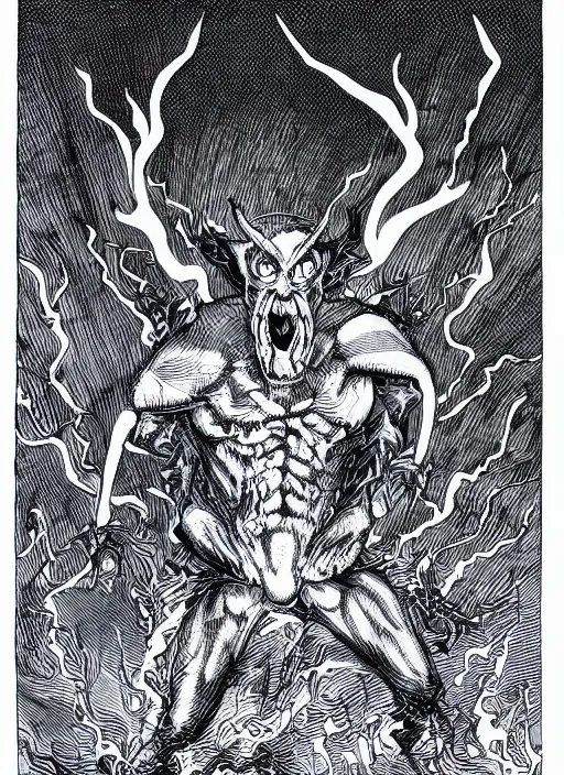 Image similar to pen and ink illustration of a demon monster, blue lightning strikes, agony