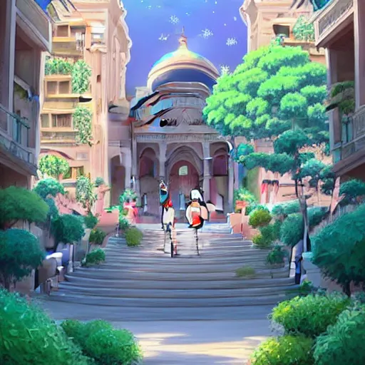 Image similar to a beautiful movie still in the style of studio ghibli anime with a landscape of the khedival opera house in talaat harb square cairo with lush landscaping, date palm trees, shrubs and flowers. trending on artstation