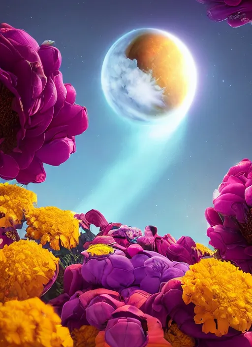 Image similar to An epic fantastic realism comic book style painting of the most beautiful flowers launched into space, bouquets, solar eclipse, fisheye, unreal 5, DAZ, hyperrealistic, octane render, dynamic lighting