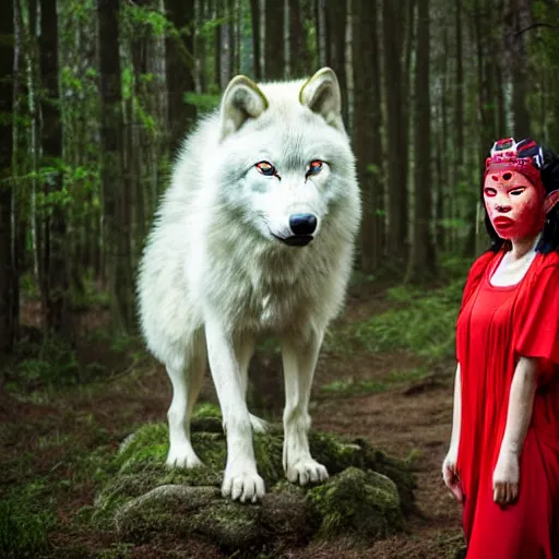 Image similar to Highly realistic photo of Princess Mononoke as a real person ((asian woman with red facepaint)) determined expression, standing next to a giant white wolf, in a forest, 85mm lens, f1.8, highly detailed