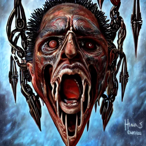 Image similar to Nicolas Cage as god of chaos screaming biomechanical, intricate, smooth, artstation, painted by Hans Giger