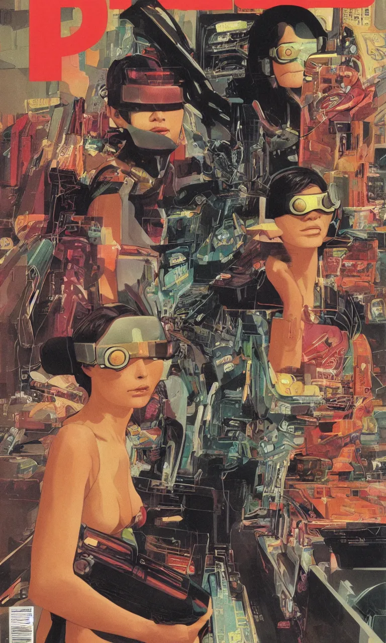 Prompt: 1979 OMNI Magazine Cover depicting a portrait of a Beautiful woman wearing AR goggles in a grocery store. Cyberpunk Akira style by Vincent Di Fate