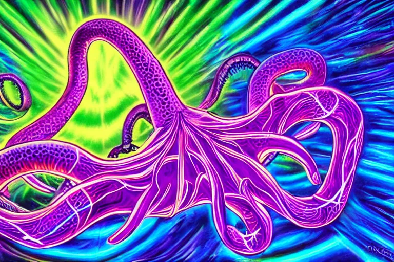 Image similar to digital art of a realistic bright glowing neon purple octopus floating in space by alex grey, (arcylic), ((synthwave)),