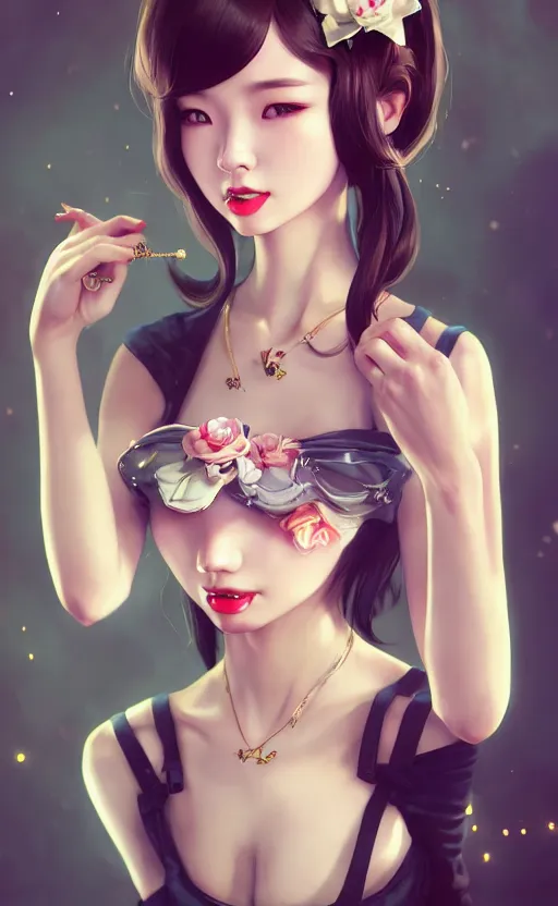 Image similar to a pin up and beautiful fashion charming dreamlke korea girl with lv jewelry, character art, art by artgerm lau and kyoung hwan kim and and ilya kuvshinov and john singer sargent, hyperdetailed, 8 k realistic, symmetrical, frostbite 3 engine, cryengine, dof, trending on artstation, digital art